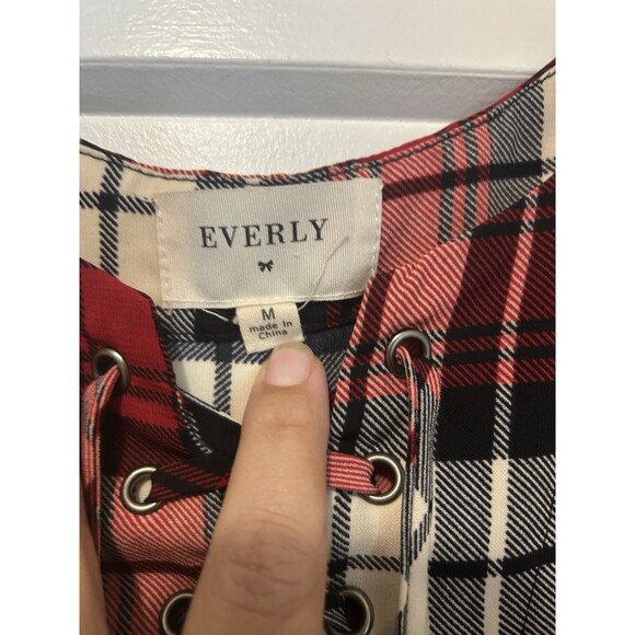 Everly Plaid Red Lace Up Long Sleeve Split Neck T-Shirt Dress Tunic Women Medium - Picture 2 of 4